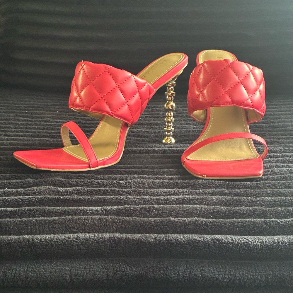 Fashion Nova Red Quilted Heels with Gold Accents